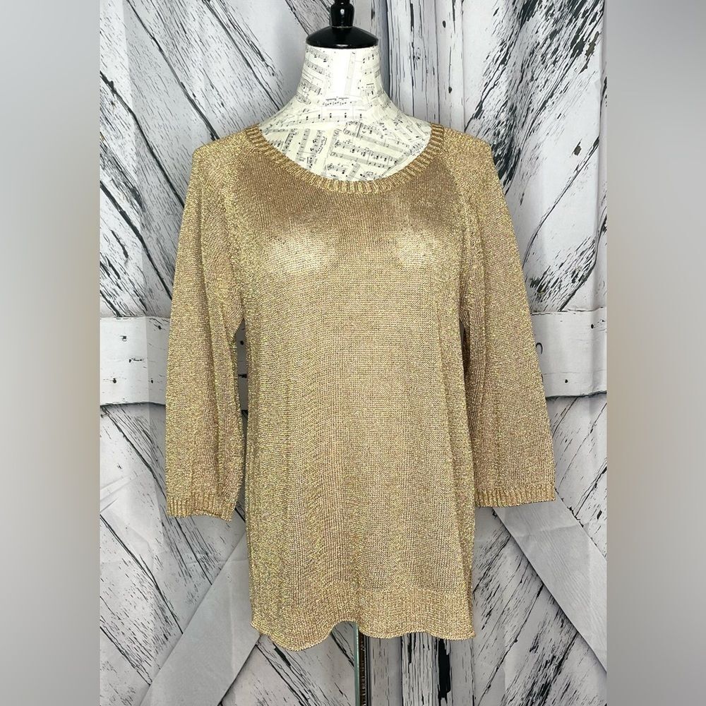 One 7 Six Gold Metallic Knit Crewneck Sweater 3/4 Sleeves Sz. M